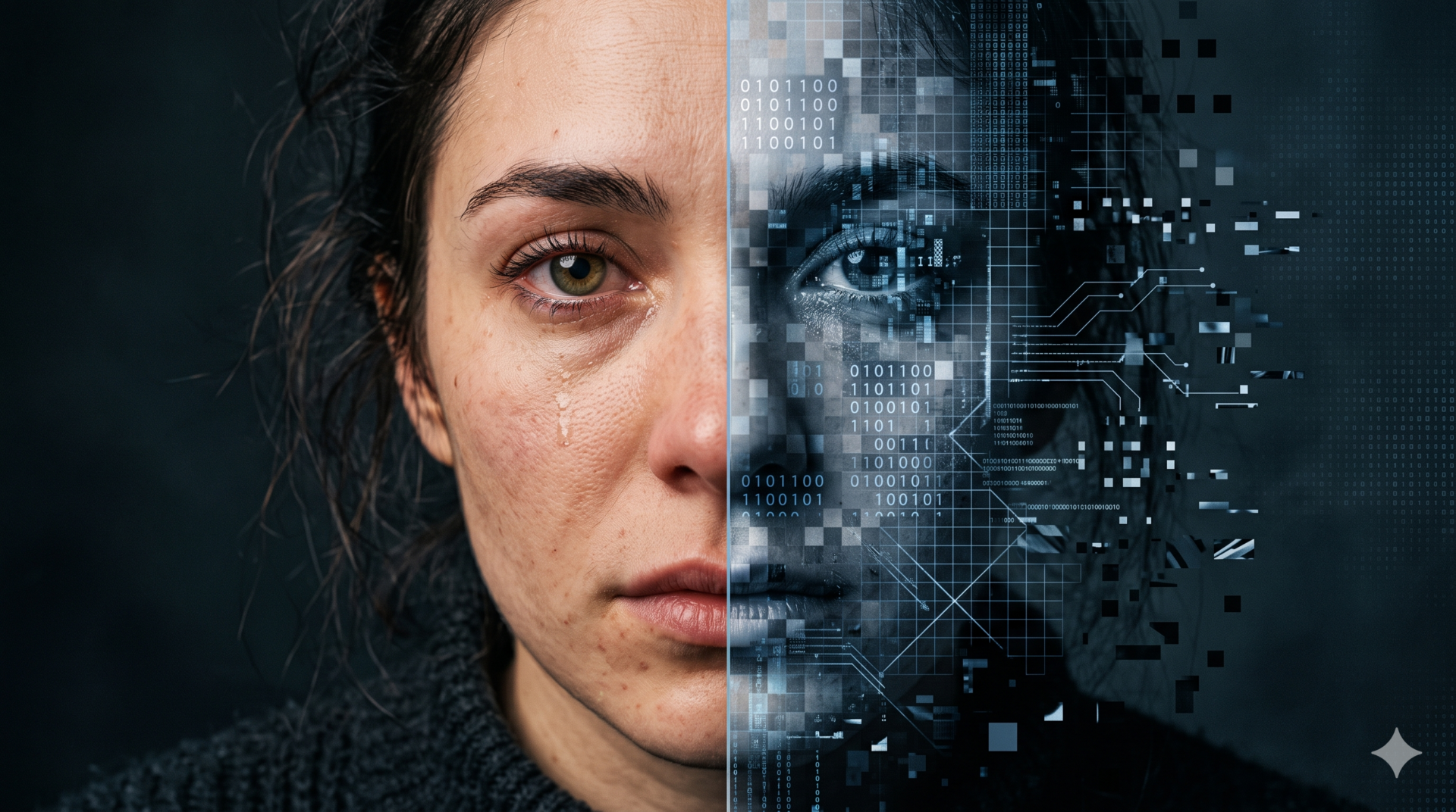 Rostro humano fragmentado entre lo real y lo digital, ilustrando los límites de la inteligencia artificial en salud mental